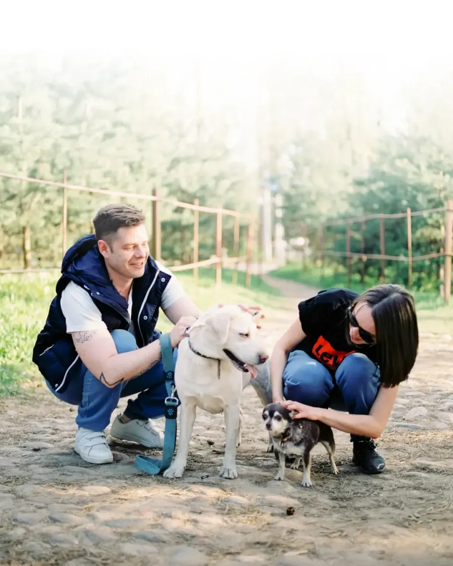 Dwie osoby na spacerze ze swoimi psami